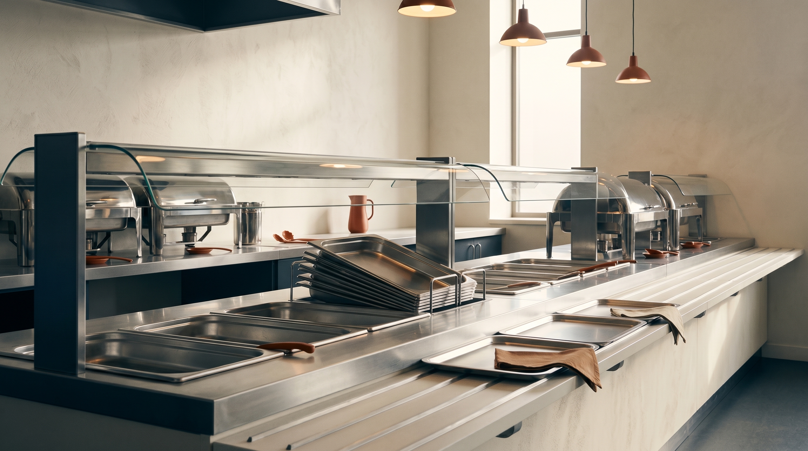Editorial wide-angle photo of a school cafeteria service line with stainless trays under warm overhead light, neat tray setups and no people, in a restrained palette of cream, deep navy, and editorial orange.